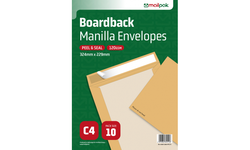 Mailpak C4 Manilla Boardback Peel & Seal Envelopes, Pack of 10