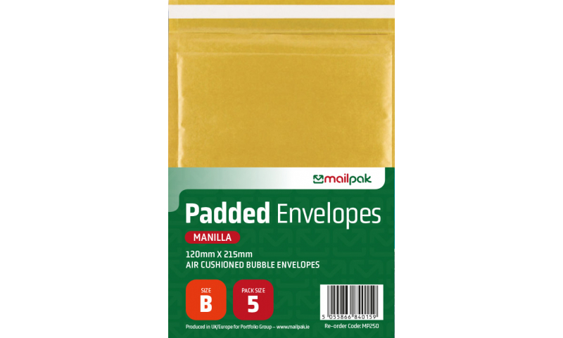 Mailpak Padded Manilla Bubble Envelopes, Size B, 120 x 215mm, Pack of 5.