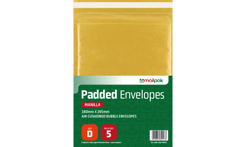 Mailpak Padded Manilla Bubble Envelopes, Size D, 180 x 265mm, Pack of 5