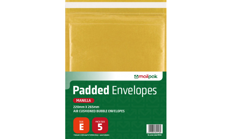 Mailpak Padded Manilla Bubble Envelopes, Size E, 220 x 265mm, Pack of 5.