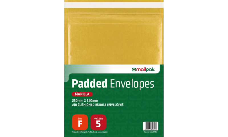 Mailpak Padded Manilla Bubble Envelopes, Size F, 220 x 340mm, Pack of 5.
