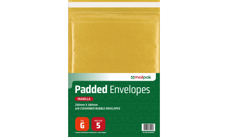 Mailpak Padded Manilla Bubble Envelopes, Size G, 240 x 340mm, Pack of 5.