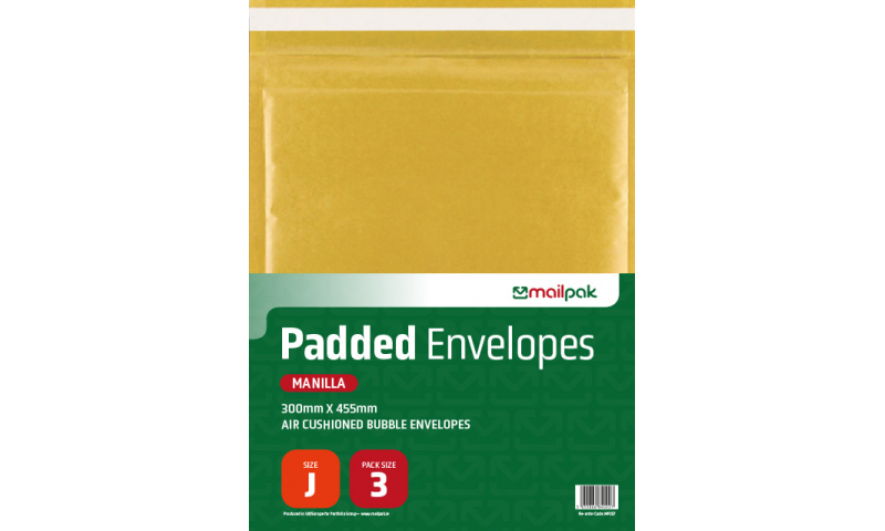 Mailpak Padded Manilla Bubble Envelopes, Size J, 300 x 455mm, Pack of 3.