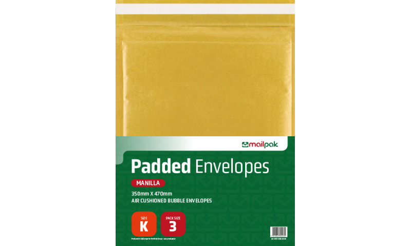Mailpak Padded Manilla Bubble Envelopes, Size K, 350 x 470mm, Pack of 3.