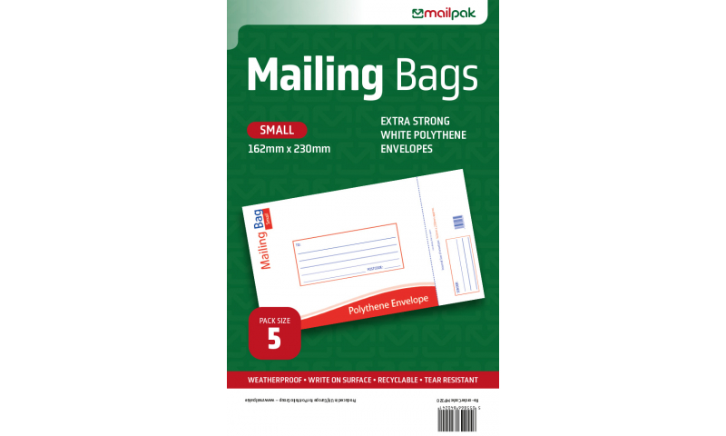 Mailpak Polythene Mailing Bags, Small, 162 x 230mm, Pack of 5.