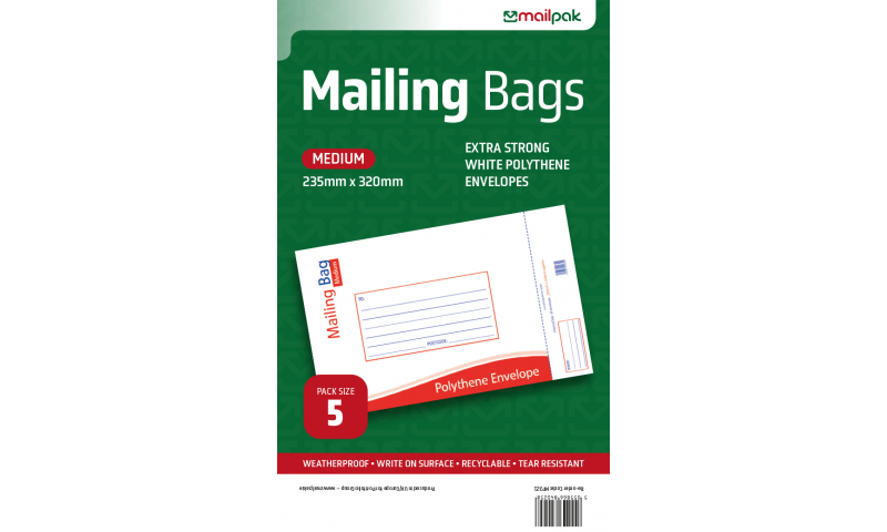 Mailpak Polythene Mailing Bags, Medium, 235 x 320mm, Pack of 5.