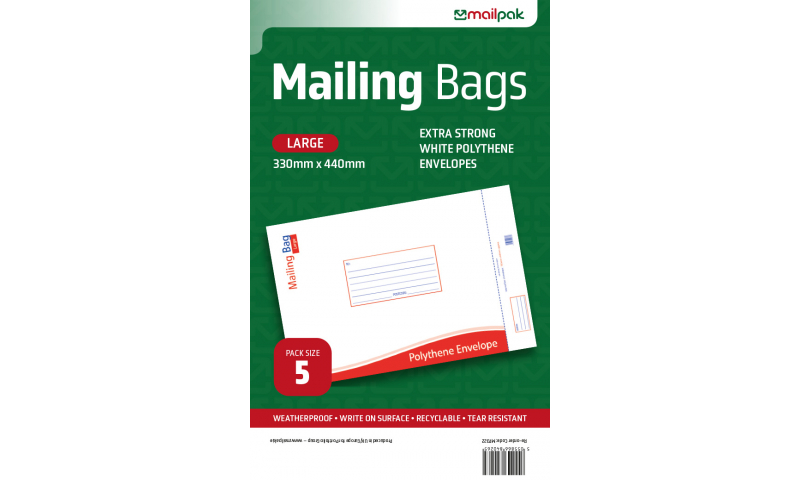 Mailpak Polythene Mailing Bags, Large, 330 x 440mm, Pack of 5.