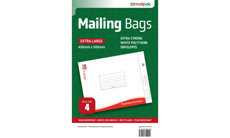 Mailpak Polythene Mailing Bags, Extra Large, 430 x 500mm, Pack of 4.
