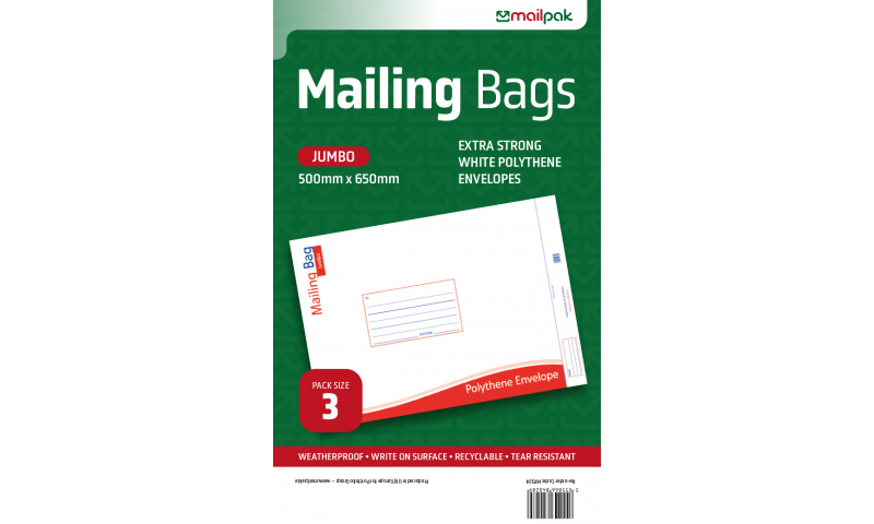 Mailpak Polythene Mailing Bags, Jumbo, 500 x 650mm, Pack of 3.