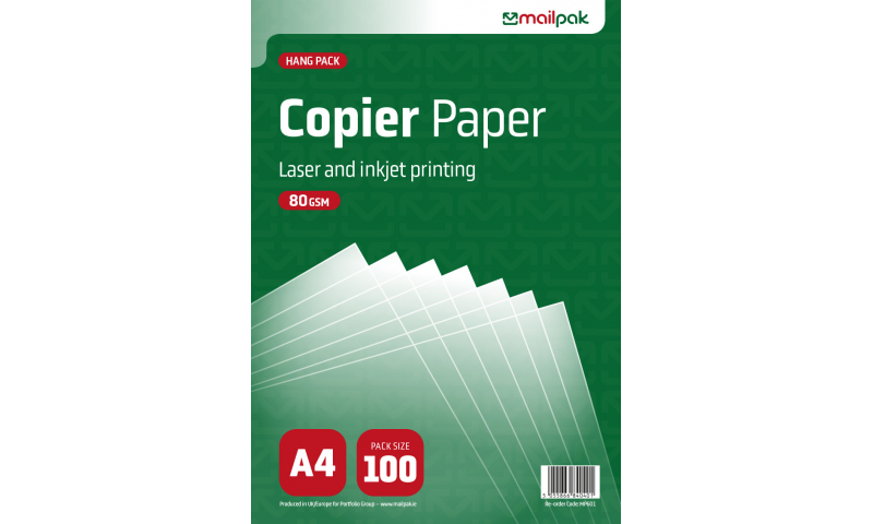 Mailpak A4 Copier/Laser Paper 80gsm, Retail Pack of 100 sheets.