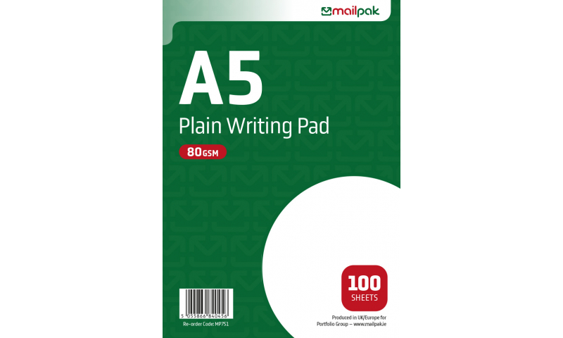 Mailpak A5 Plain Writing Pad, 100 Sheets, 80gsm.