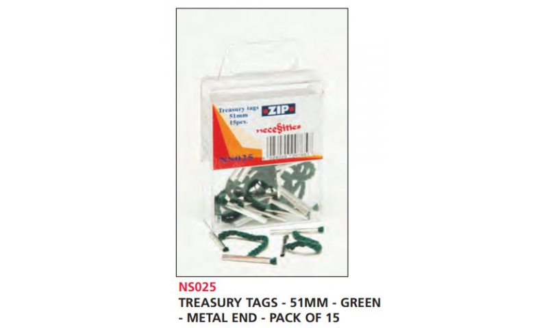 Zip Treasury Tags Green 51mm Metal Ends, Pack of 15
