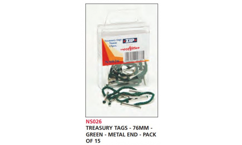 Zip Treasury Tags Green 76mm Metal Ends, Pack of 15