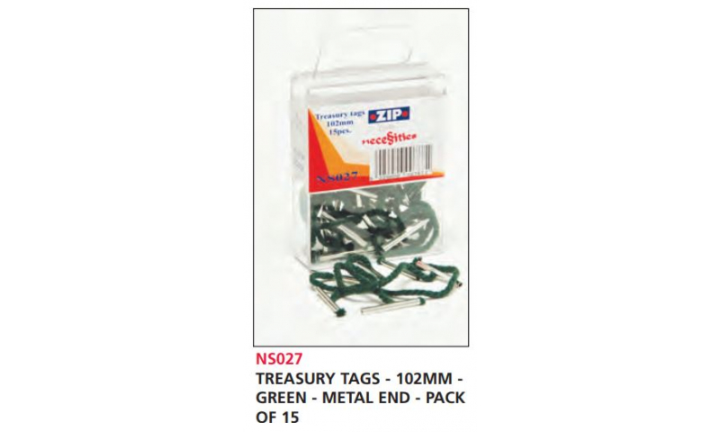 Zip Treasury Tags Green 102mm Metal Ends, Pack of 15