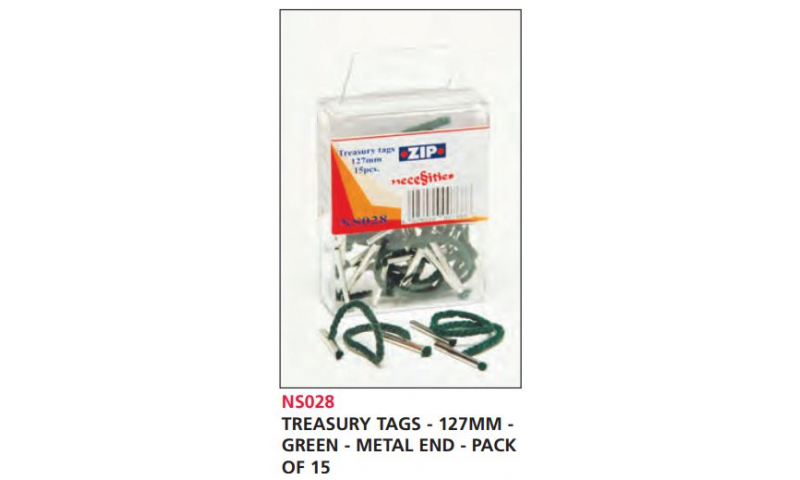 Zip Treasury Tags Green 127mm Metal Ends, Pack of 15