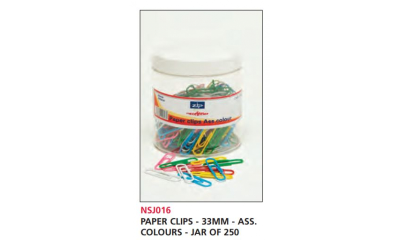Zip Tub of 250 Coloured Paper Clips 33mm Asstd