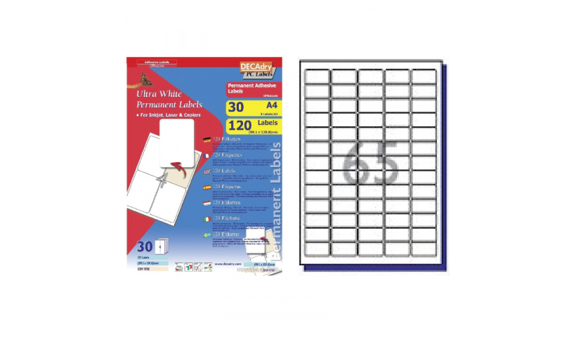 DECAdry White Multipurpose Labels 30 sheet pk 38.1 x 21.2mm 65 per Sheet