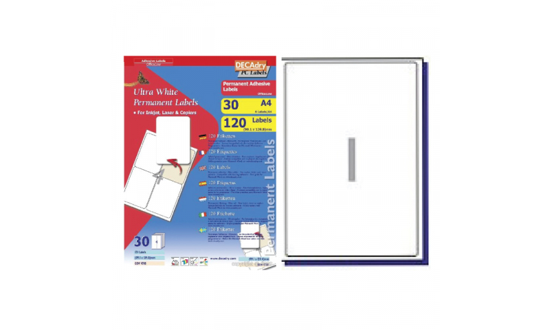 DecAdry White Multipurpose Labels 30 sheet pk 199.6 x 289.1mm 1 per Sheet