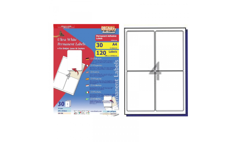 DecAdry White Multipurpose Labels 30 sheet pk 99.1 x 139mm 4 per Sheet