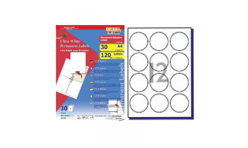 DecAdry White Multipurpose Labels 30 sheet pk  60mm Diameter Circles 12 per Sheet