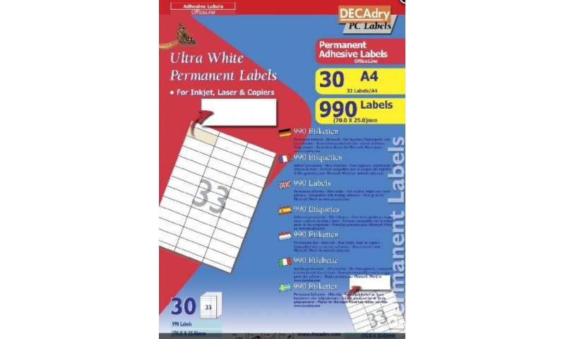 Decadry Die Cut White Multipurpose Labels 33 per Sheet, 30 Sheet Pack, Butt Cut