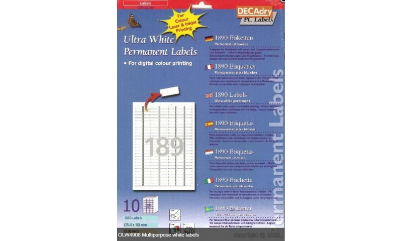 Decadry Die Cut White Multipurpose Labels 189 per Sheet, 10 Sheet Pack
