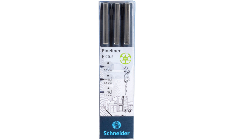 Schneider Pictus ECO Recycled Fineline Drawing Pen, Wallet of 3 - 0.3 / 0.5 / 0.7mm Black