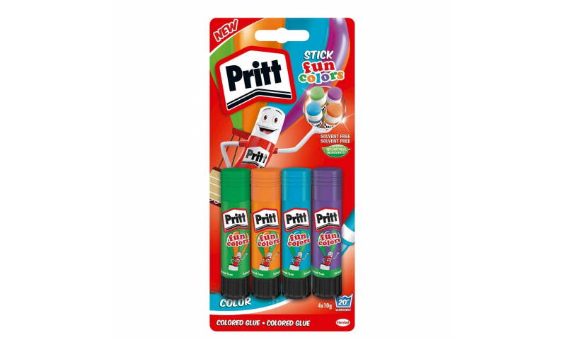 PRITT Glue Stick, 10g Fun Colours, 4 Pack Blistercarded