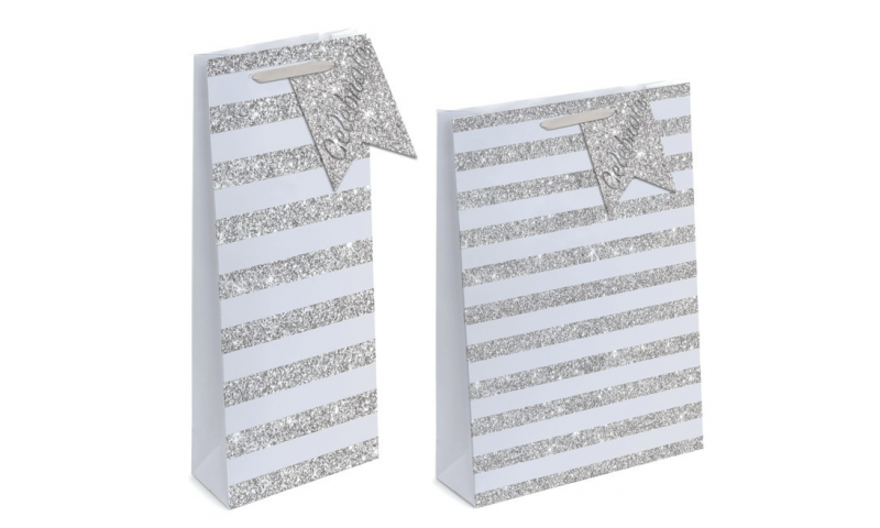 Silver Stripe Glitter Gift Bags Large, 320 x 260 x 120mm, Shaped Tag (New Lower Price for 2022)
