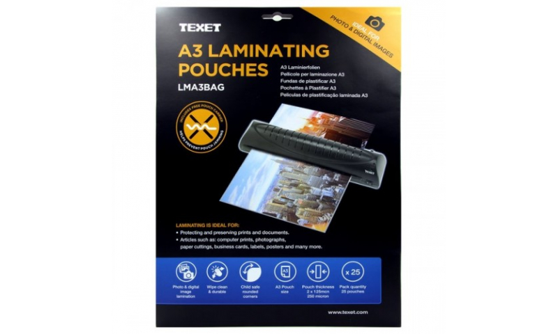 Texet A3 Lamination Pouches, 250mic, Pack of 25