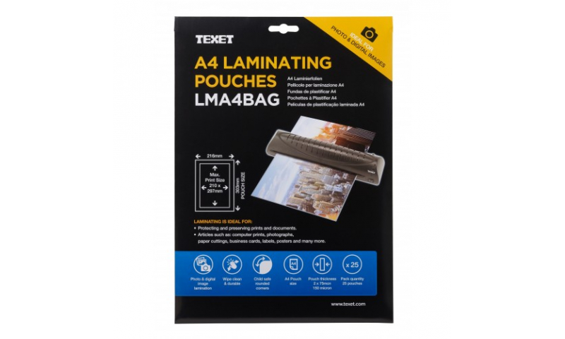 Texet A4 Lamination Pouches, 150mic, Pack of 25