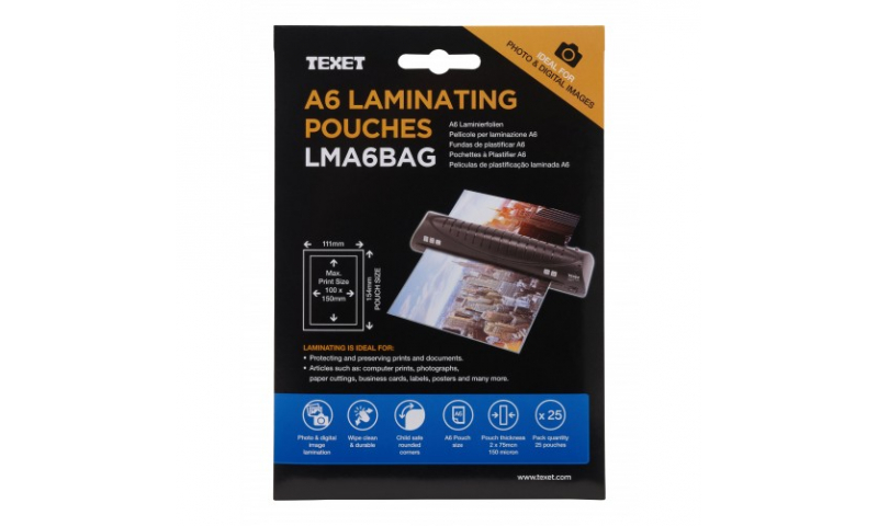 Texet A6 Lamination Pouches, 150mic, Pack of 25 (New Lower Price for 2021)