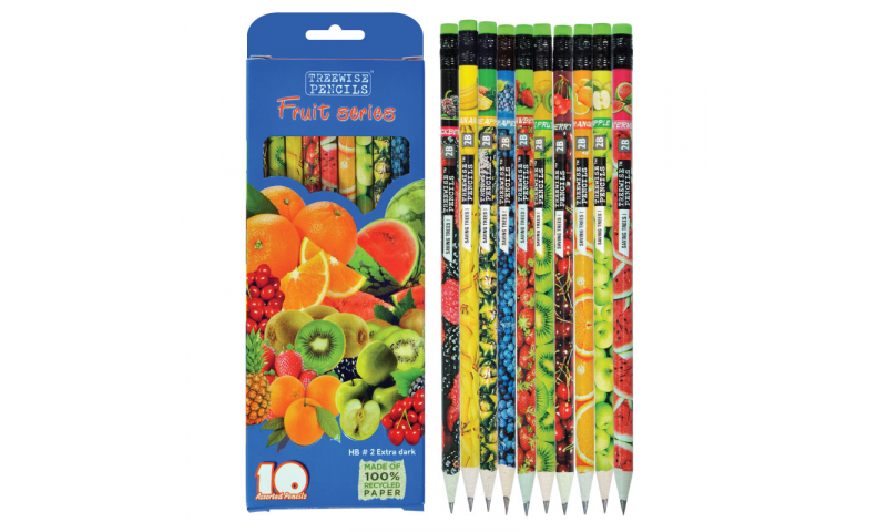 Treewise Recycled Newspaper HB Pencils with Eraser, Fruit range Asstd Graphics, Box of 10 Hangpack