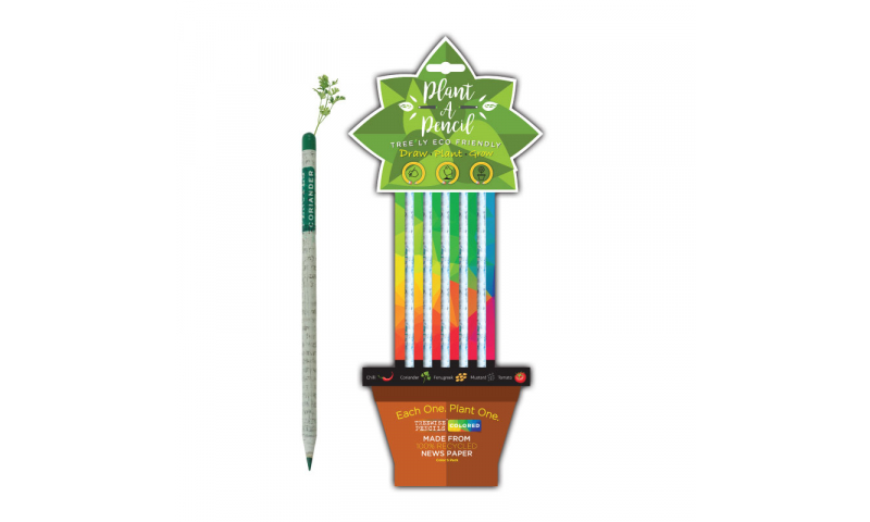 Treewise Recycled Newspaper Coloured "Plant a Pencil" 5pk, 5 Different seeds in top, Carded