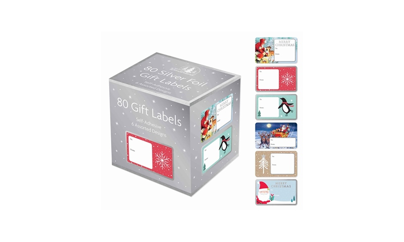 Xmas Assorted Gift Labels 80pk, Silver Boxed