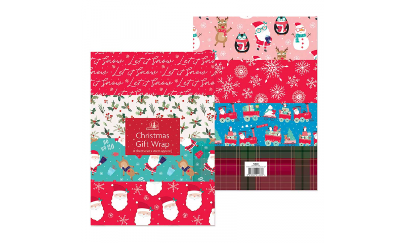 Xmas Folded Gift Wrap - Bargain Pack of 8 Asstd Sheets