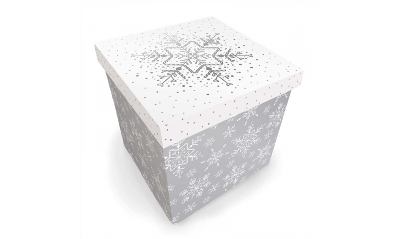 Xmas Medium Square Present Box, Silver & White, Flat Packed.