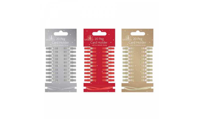 Xmas Card Hanging Pegs 20 Pack, 3 Assorted Colours