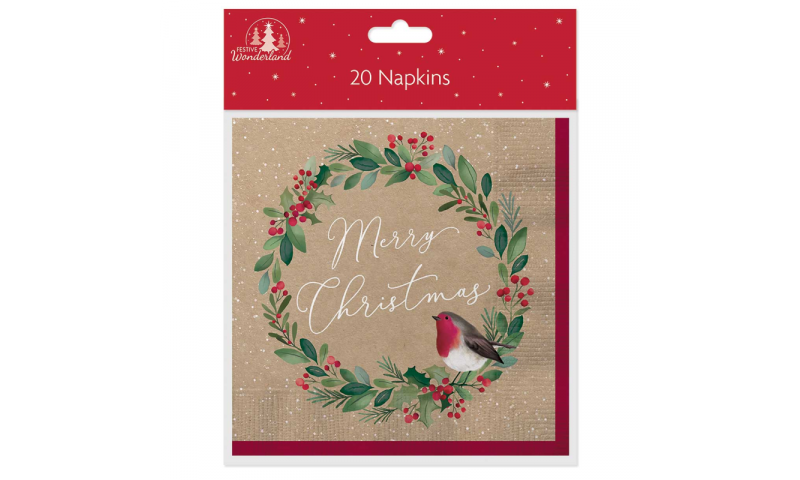 Xmas Paper Napkins Robin Wreath Design, 20pk