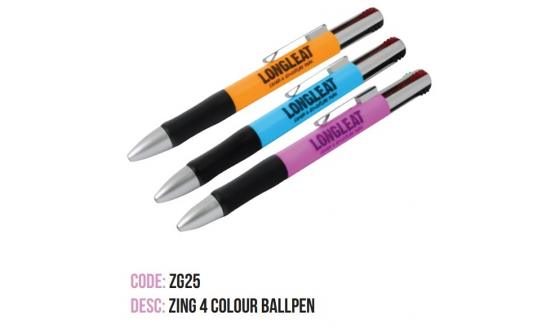 Zing 4 Colour Ballpen, Asstd Barrell Colours, Printed with your Logo